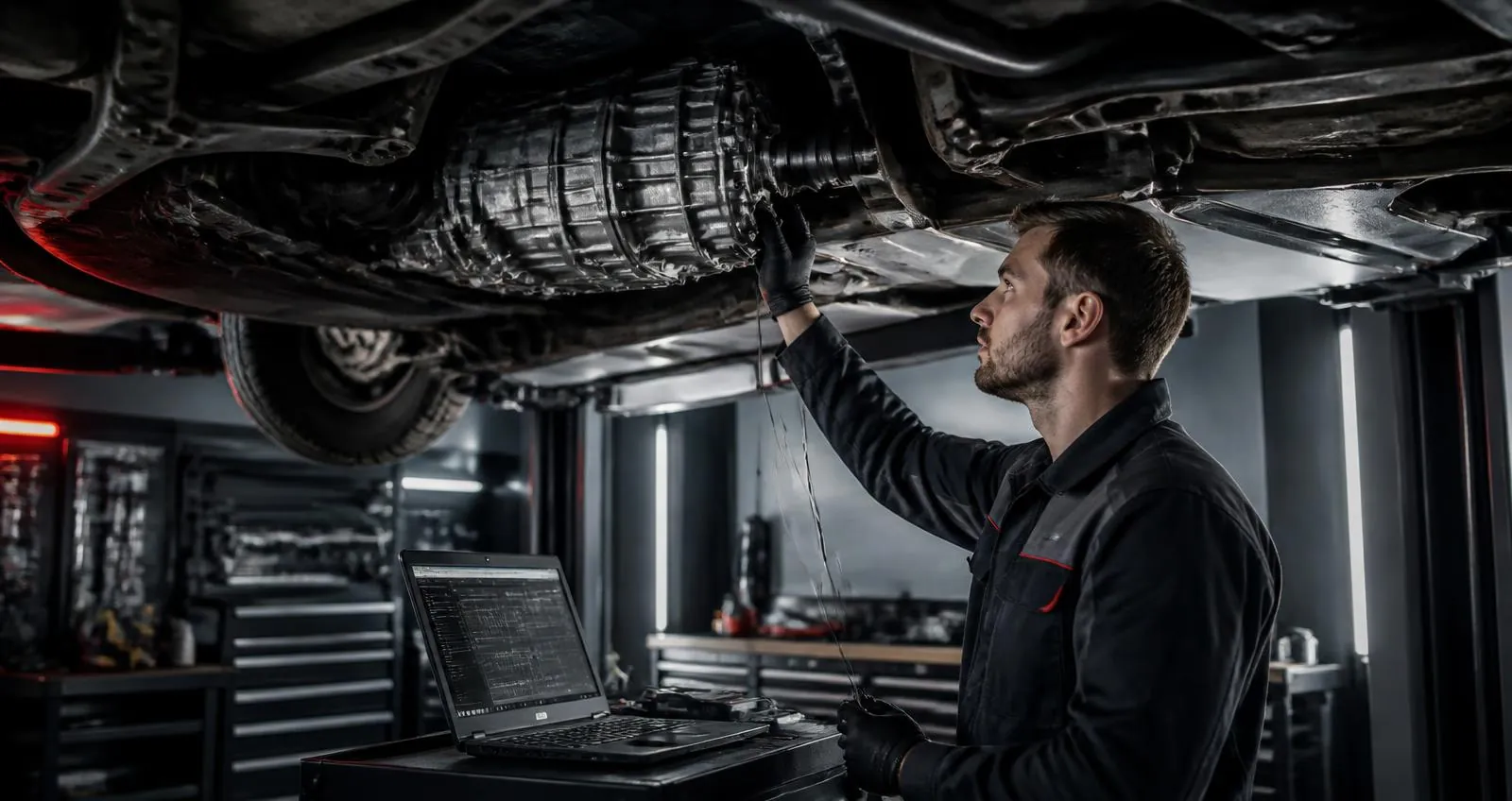Mechanik kontroluje prevodovku pod zdvihnutým vozidlom, vedľa beží diagnostický notebook